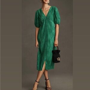 Anthropologie green pleated midi dress